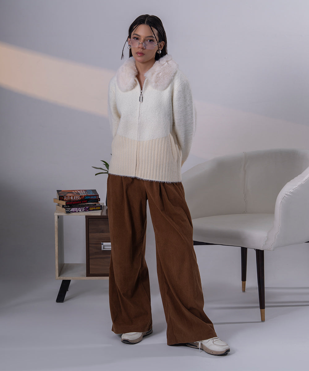 Ivory Faux Fur Collar Knit Jacket