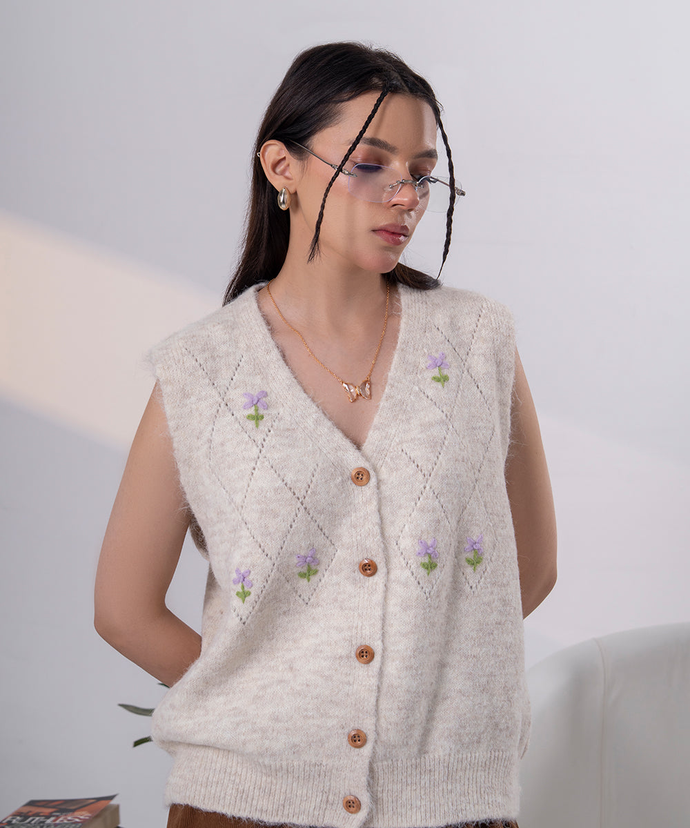 Ivory Floral Button Vest