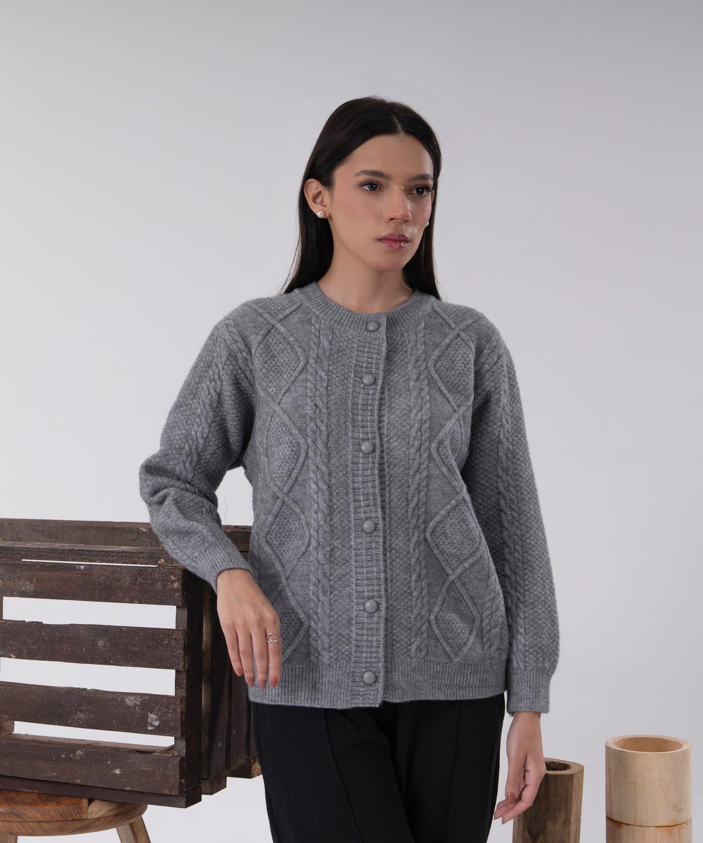 Classic Grey Cable-Knit Button Cardigan