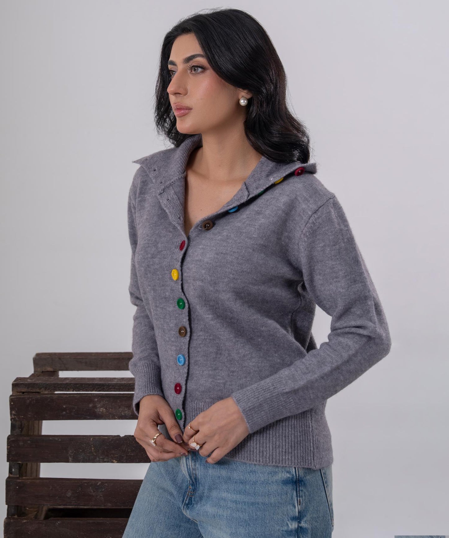 Buttoned Knit Cardigan with High Neck