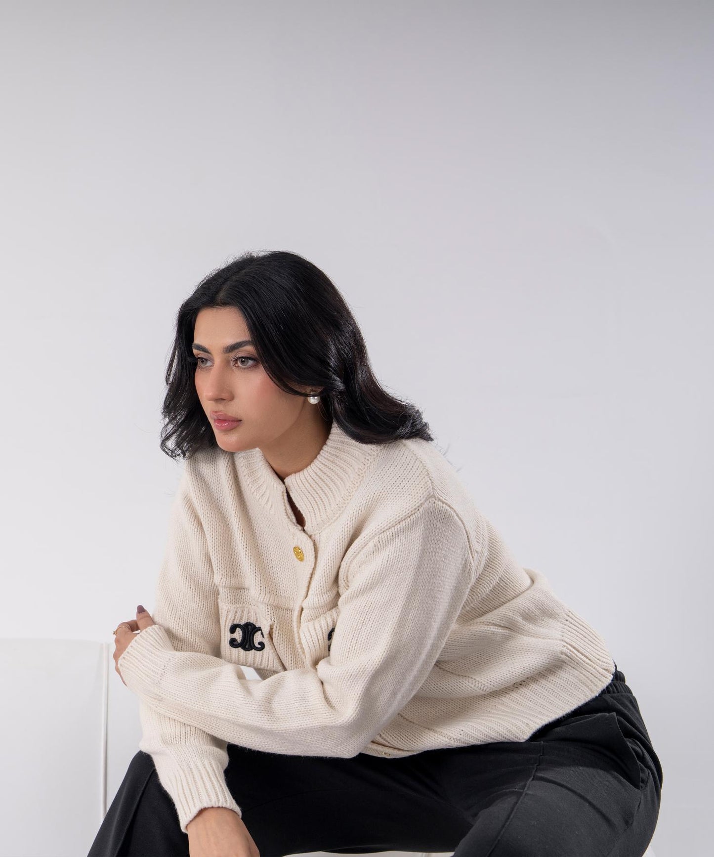 Ivory Knit Button Cardigan with Gold trims