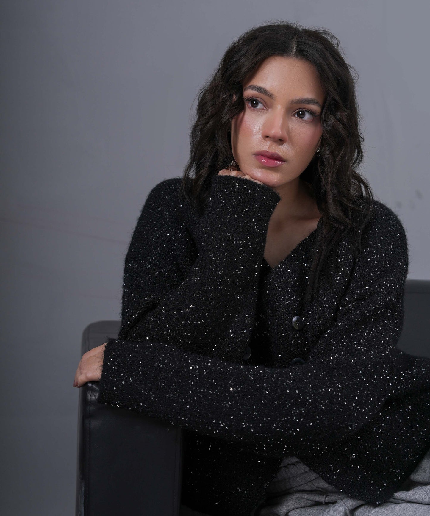 Midnight Sparkle Double-Button Knit Cardigan