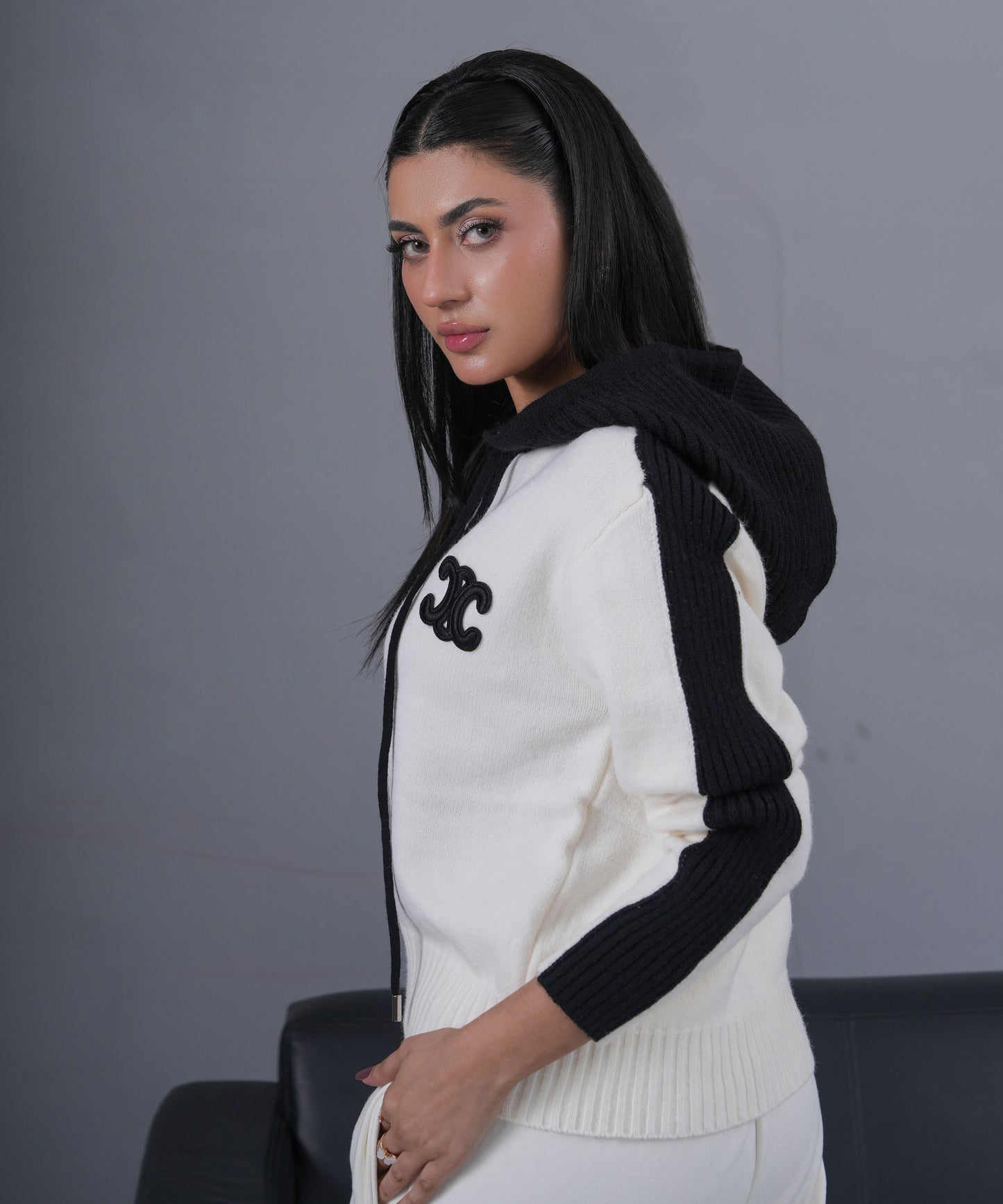 Ivory & Black Zip-Up Knit Hoodie Jacket