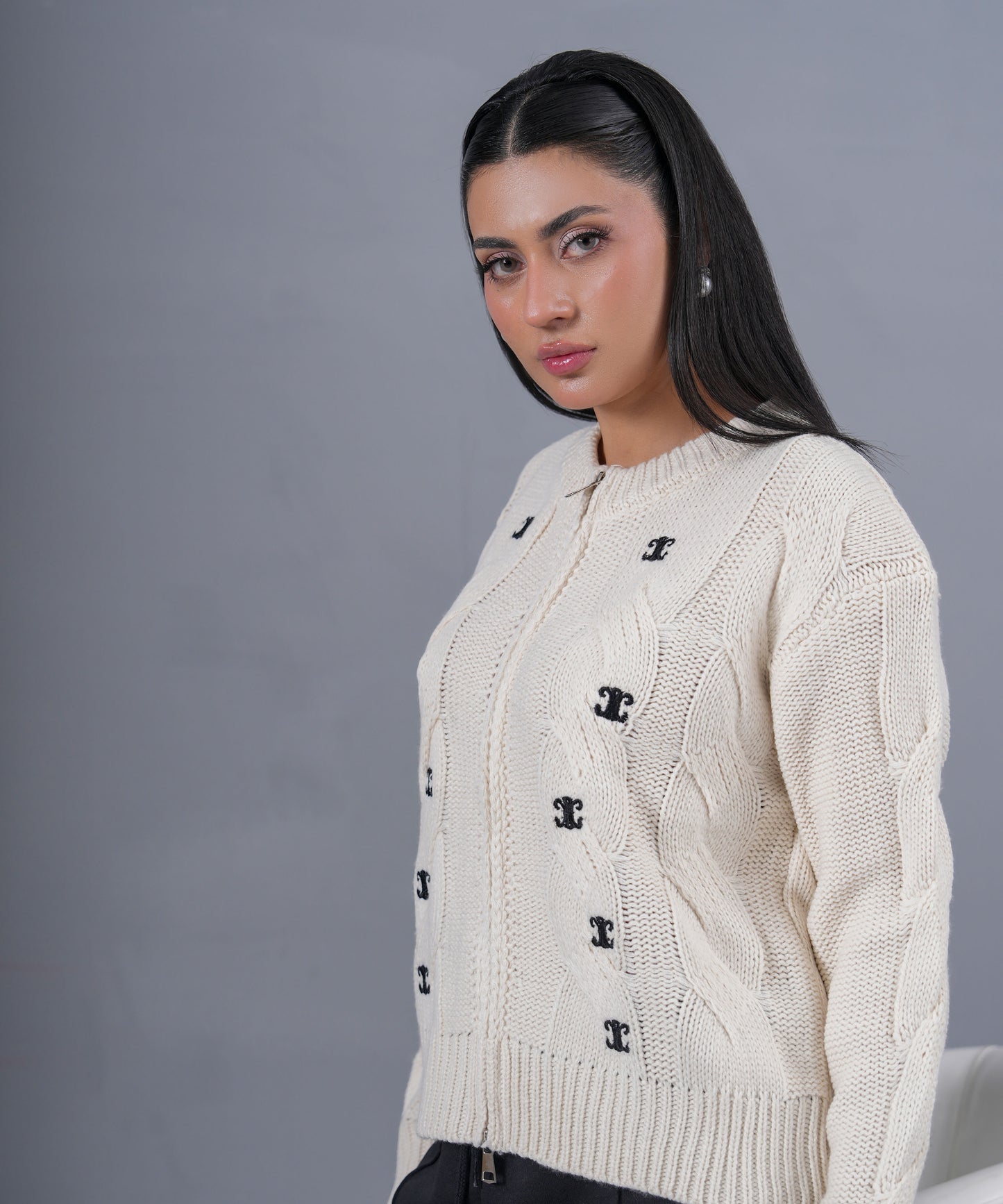 Ivory Cable-Knit Zip Cardigan with Embroidered Motifs