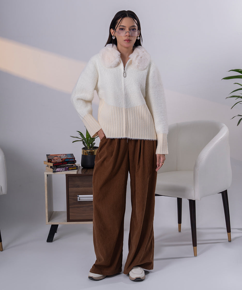 Ivory Faux Fur Collar Knit Jacket