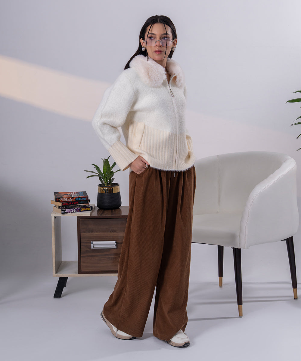 Ivory Faux Fur Collar Knit Jacket