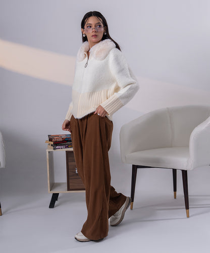 Ivory Faux Fur Collar Knit Jacket