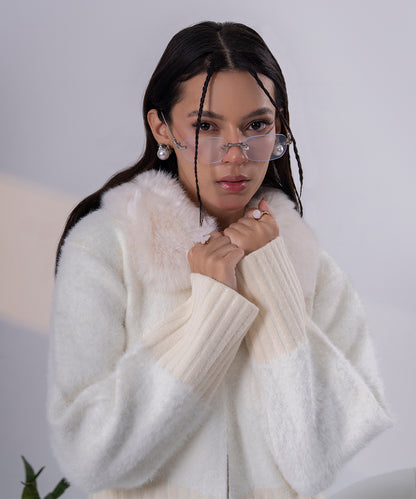 Ivory Faux Fur Collar Knit Jacket