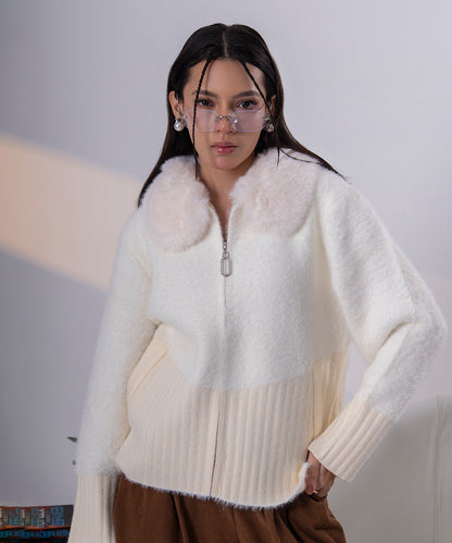 Ivory Faux Fur Collar Knit Jacket