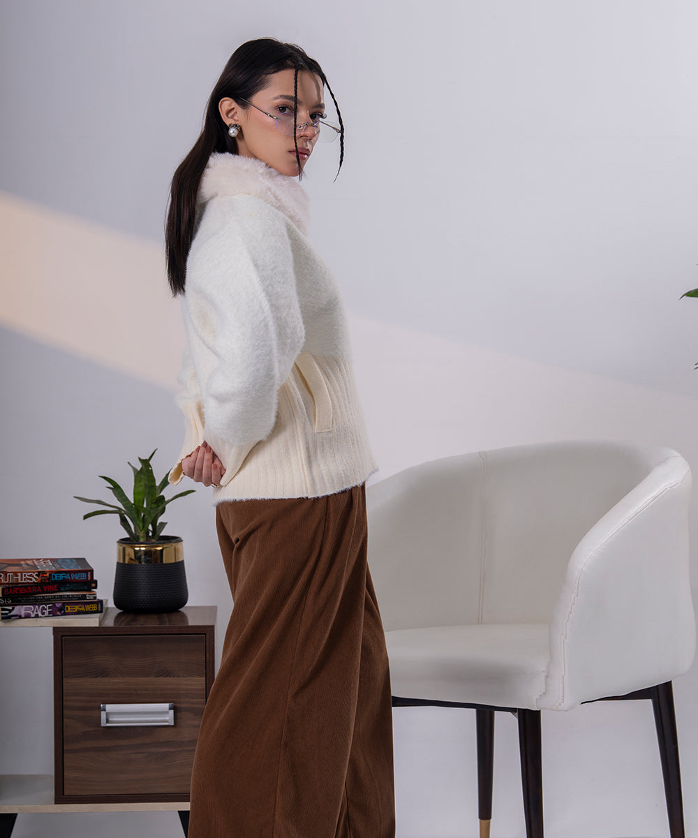Ivory Faux Fur Collar Knit Jacket