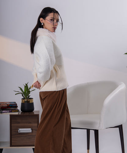 Ivory Faux Fur Collar Knit Jacket