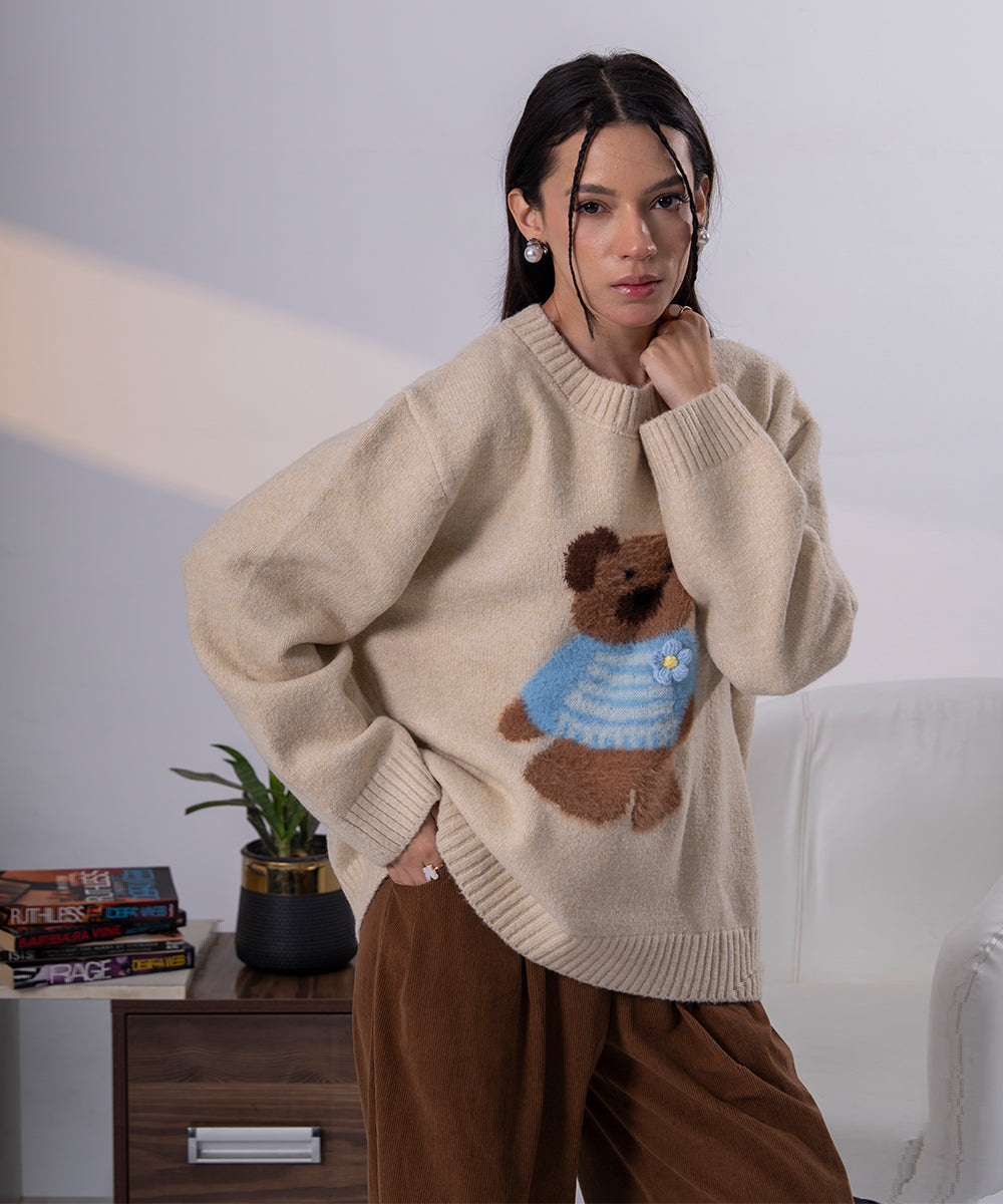 Cream Knit Teddy Bear Sweater