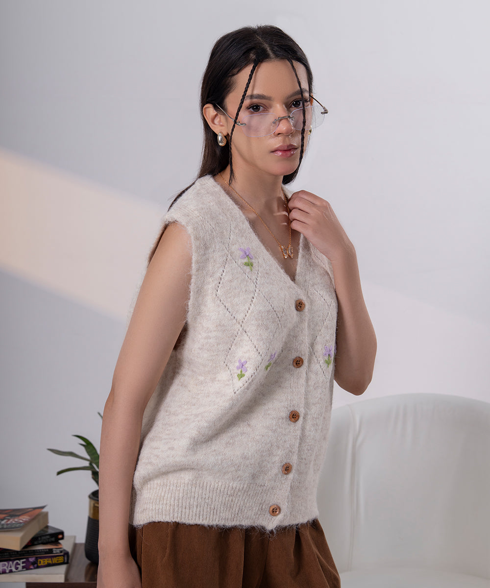 Ivory Floral Button Vest