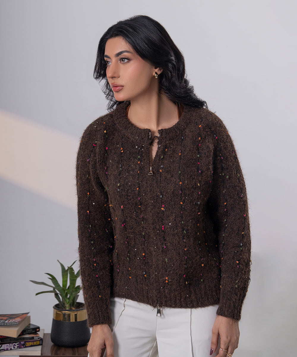 Confetti Knit Zip Vest – Cocoa Brown