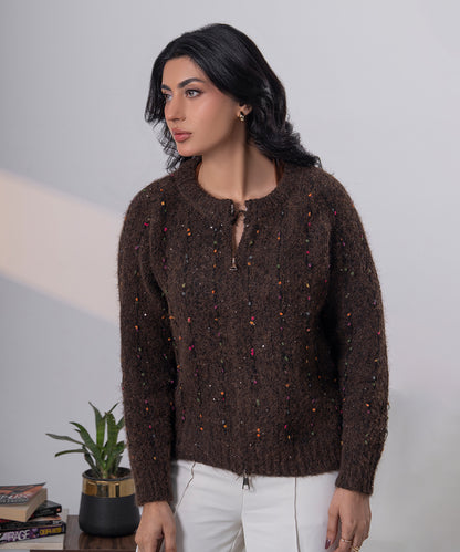 Confetti Knit Zip Vest – Cocoa Brown