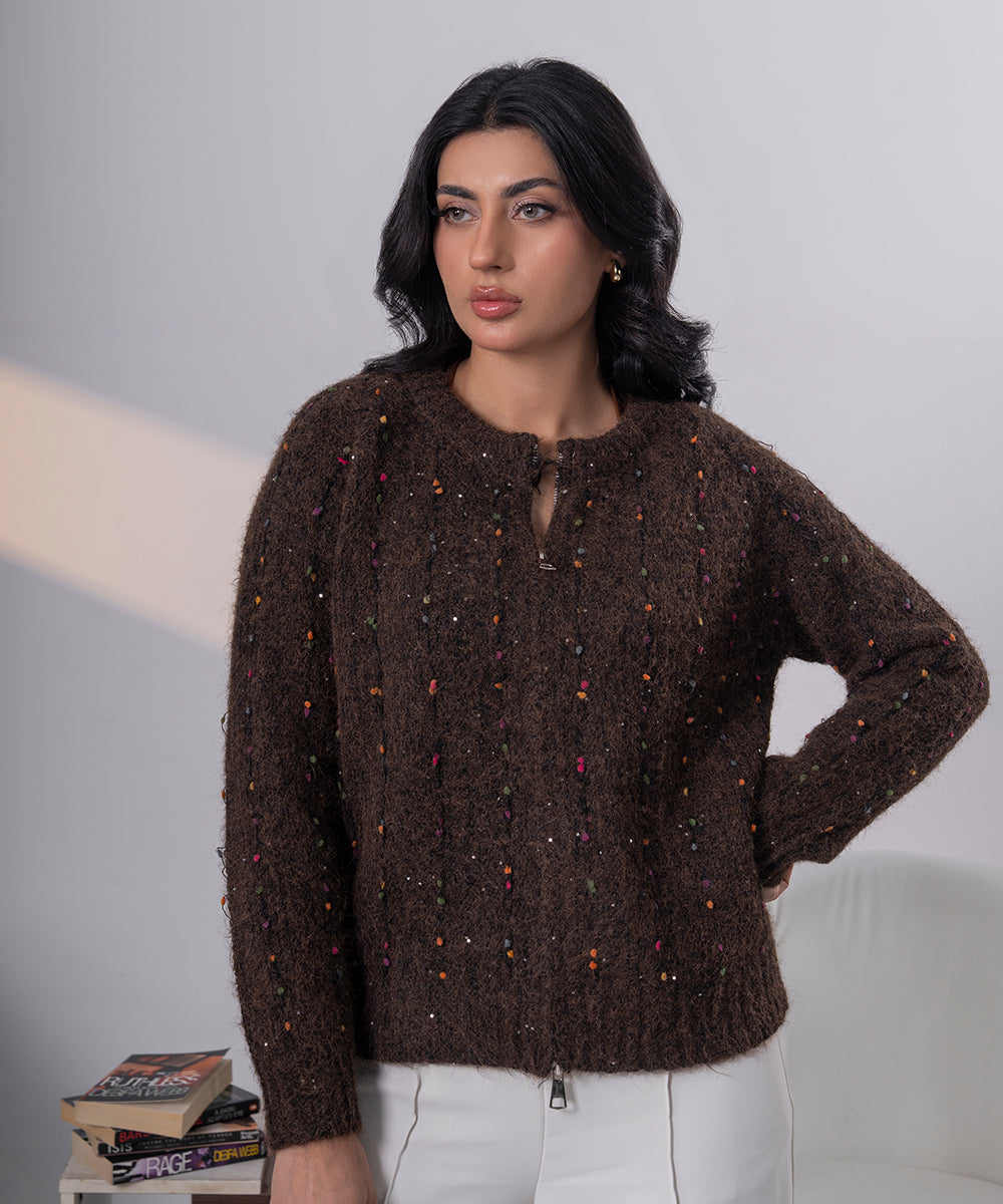 Confetti Knit Zip Vest – Cocoa Brown