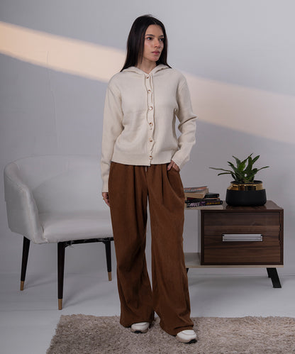 Ivory Lace-Up Hooded Knit Cardigan