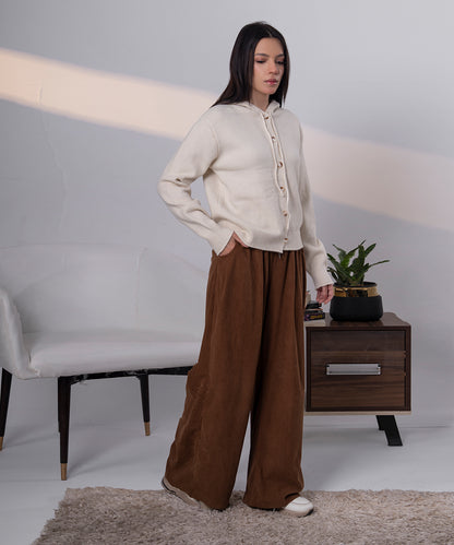 Ivory Lace-Up Hooded Knit Cardigan