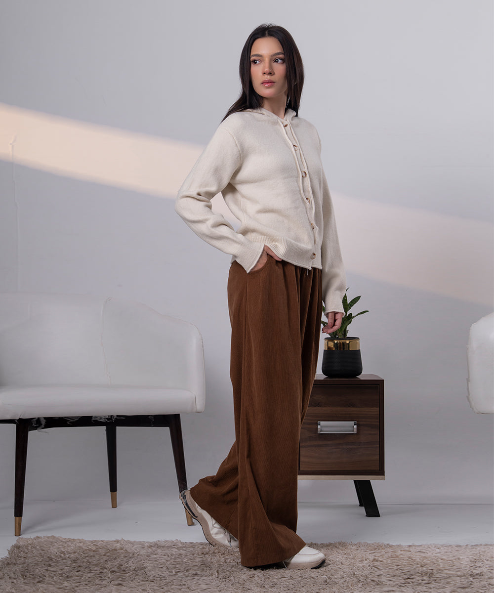 Ivory Lace-Up Hooded Knit Cardigan