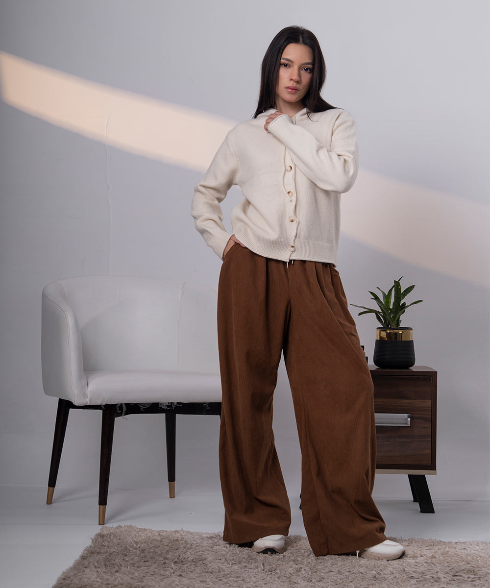 Ivory Lace-Up Hooded Knit Cardigan