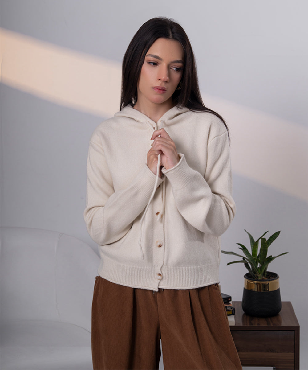 Ivory Lace-Up Hooded Knit Cardigan