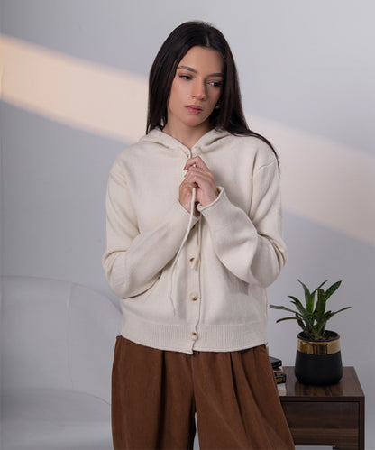 Ivory Lace-Up Hooded Knit Cardigan