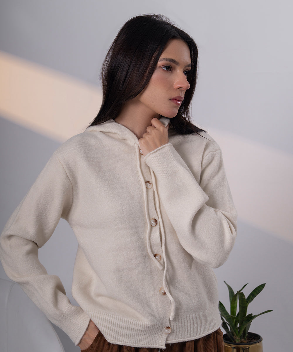 Ivory Lace-Up Hooded Knit Cardigan
