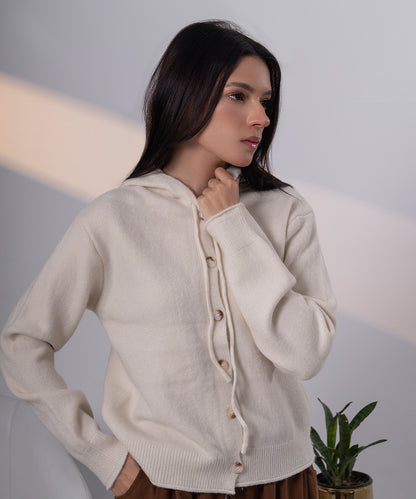 Ivory Lace-Up Hooded Knit Cardigan