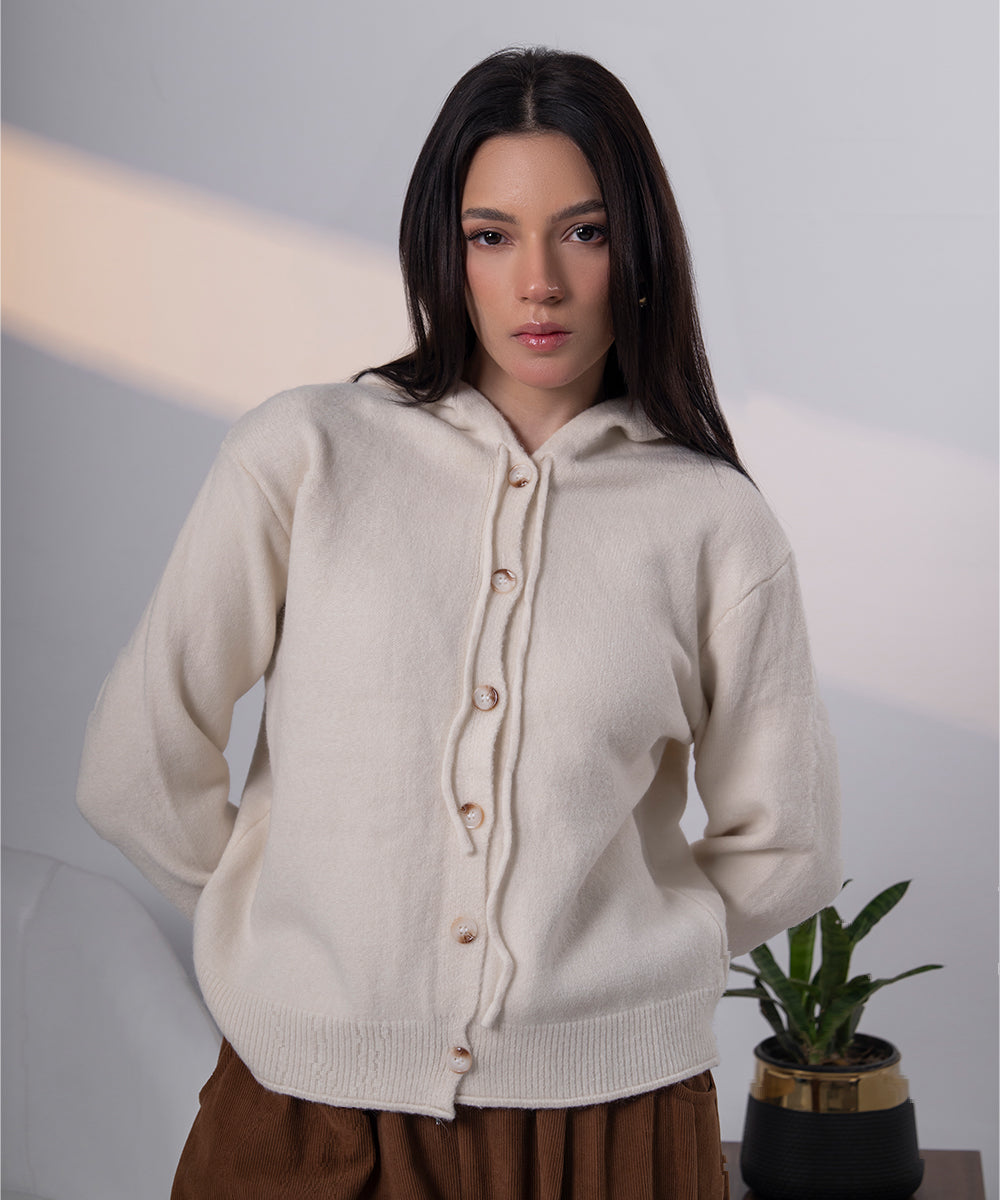 Ivory Lace-Up Hooded Knit Cardigan