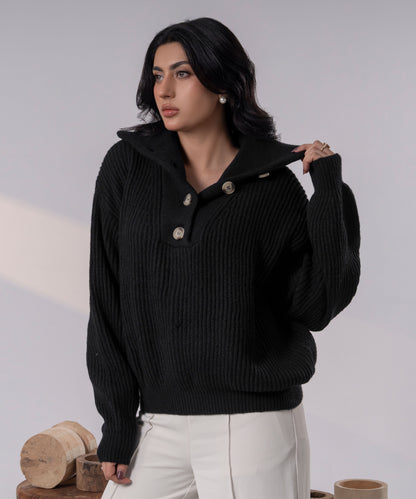 The Asymmetric Button-Neck Pullover (Noir)
