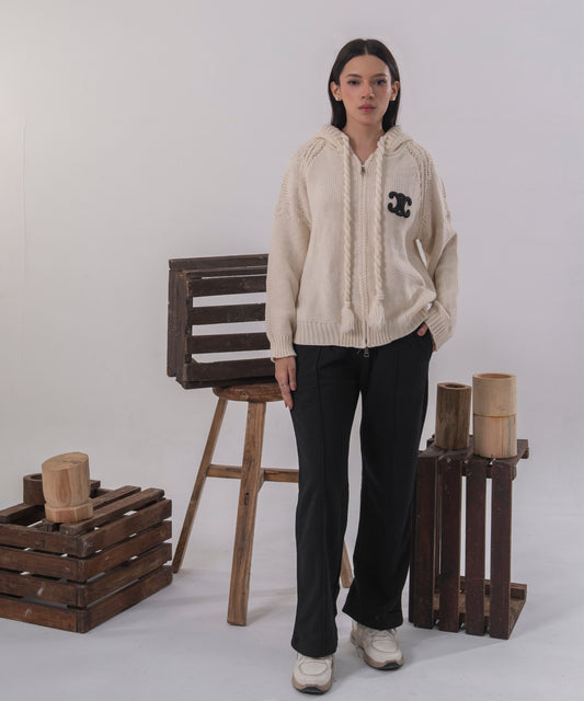 Ivory Cable-Knit Zip Cardigan with Hood