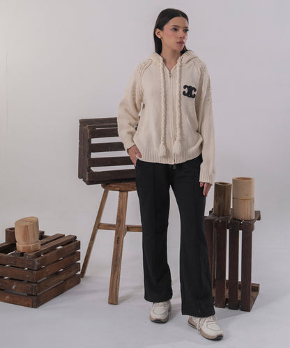 Ivory Cable-Knit Zip Cardigan with Hood