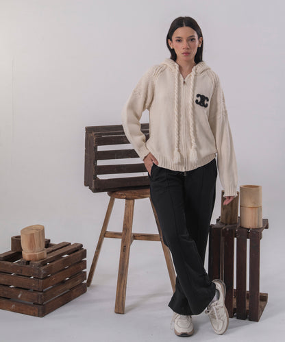 Ivory Cable-Knit Zip Cardigan with Hood