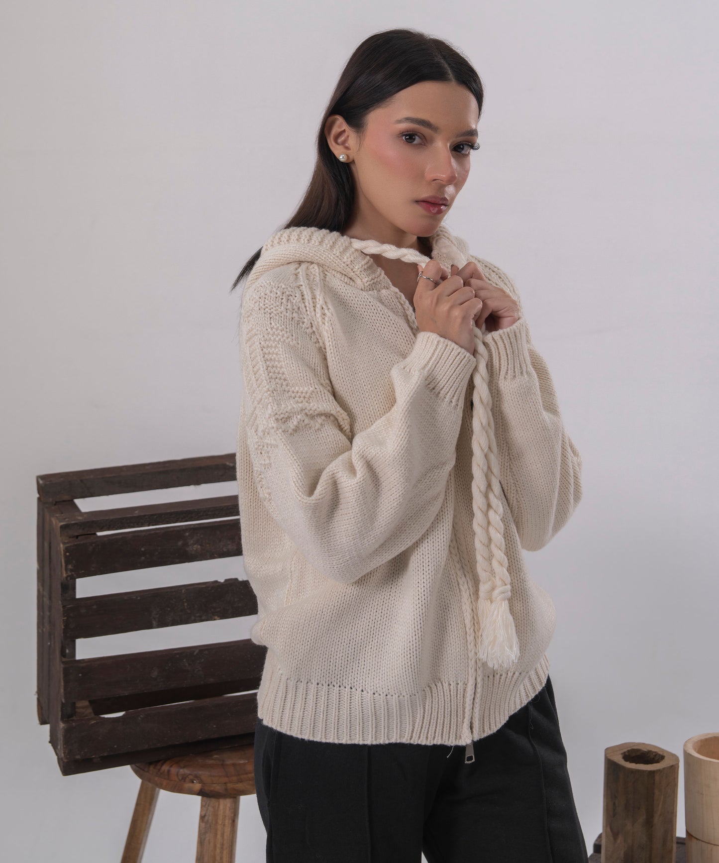 Ivory Cable-Knit Zip Cardigan with Hood