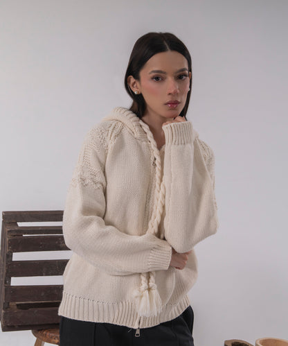 Ivory Cable-Knit Zip Cardigan with Hood