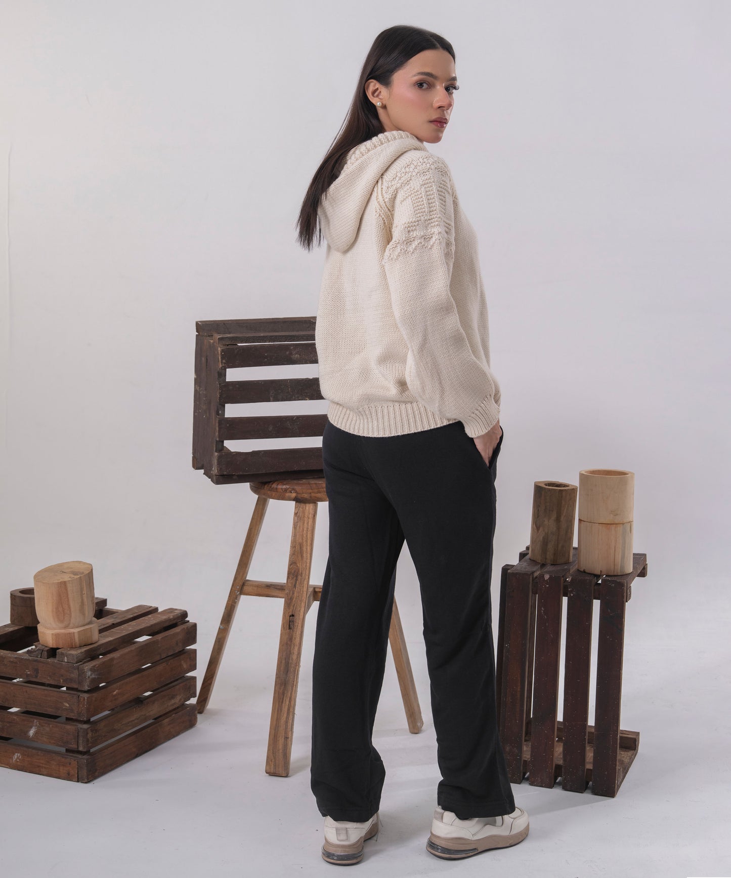 Ivory Cable-Knit Zip Cardigan with Hood