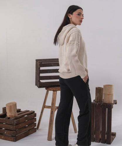 Ivory Cable-Knit Zip Cardigan with Hood