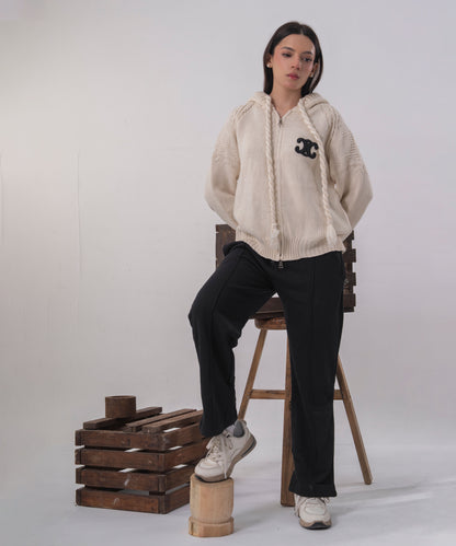 Ivory Cable-Knit Zip Cardigan with Hood