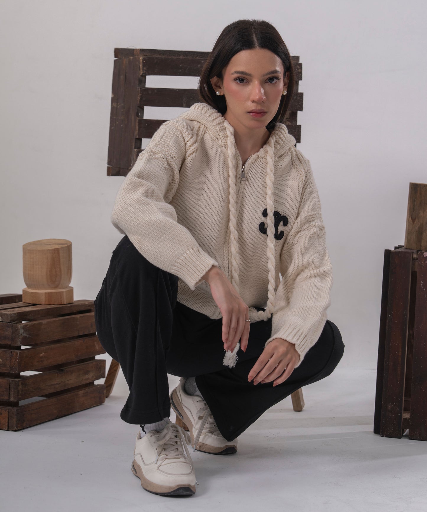 Ivory Cable-Knit Zip Cardigan with Hood