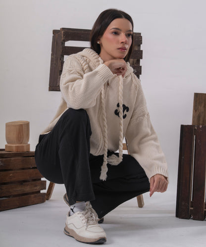 Ivory Cable-Knit Zip Cardigan with Hood