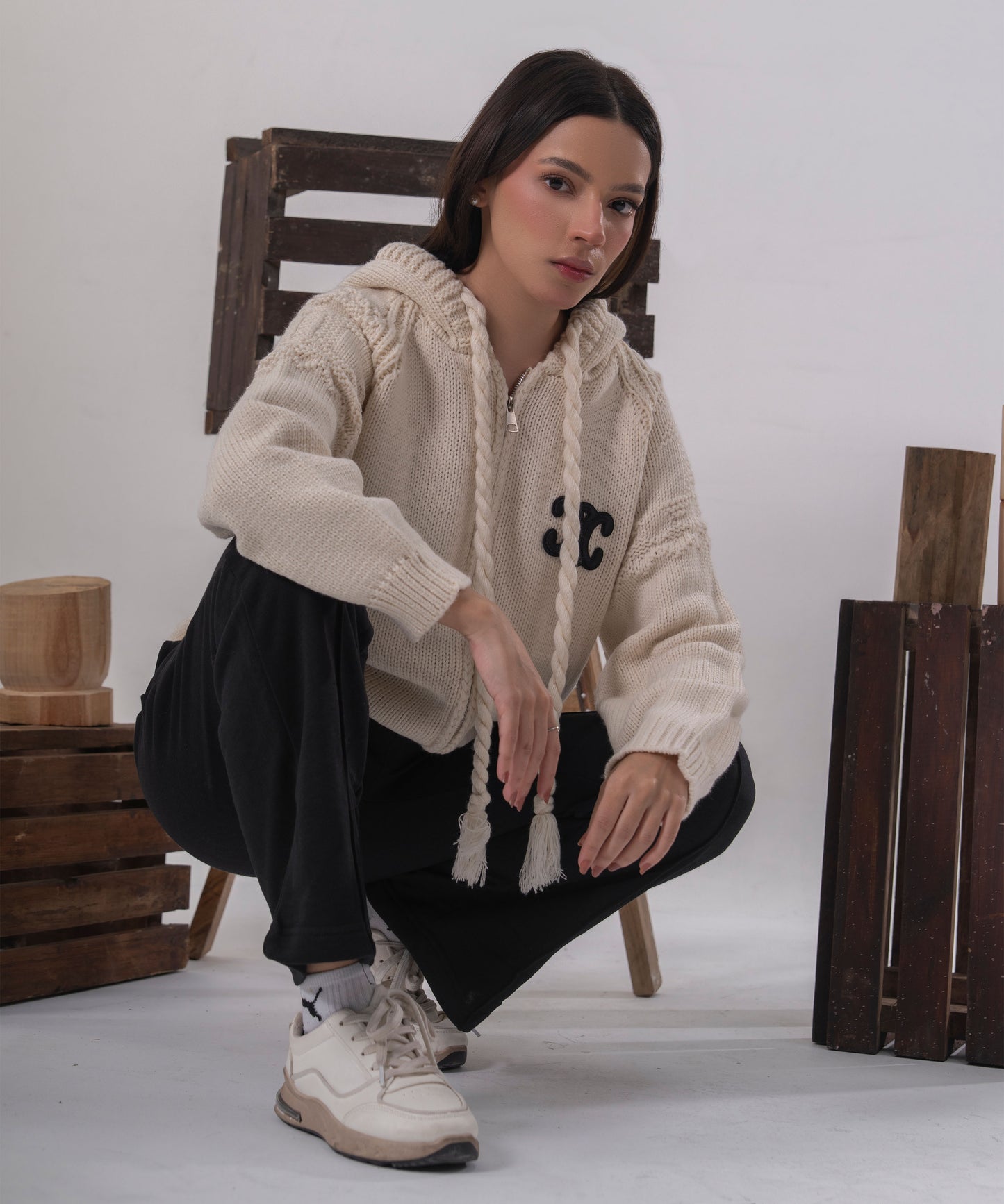 Ivory Cable-Knit Zip Cardigan with Hood