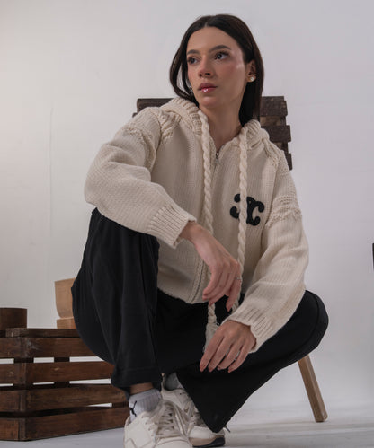 Ivory Cable-Knit Zip Cardigan with Hood