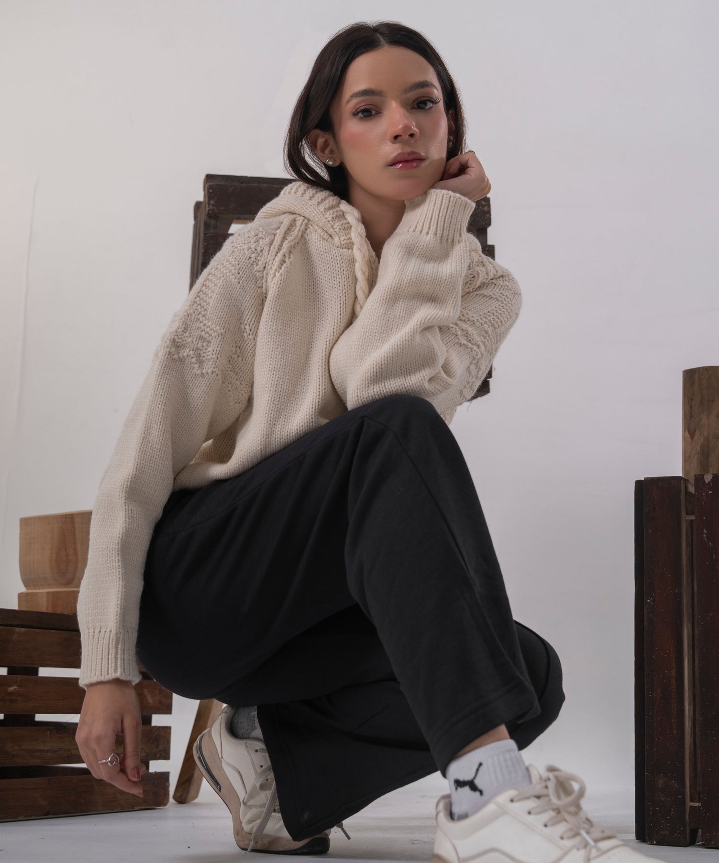 Ivory Cable-Knit Zip Cardigan with Hood