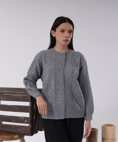 Classic Grey Cable-Knit Button Cardigan