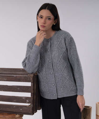 Classic Grey Cable-Knit Button Cardigan