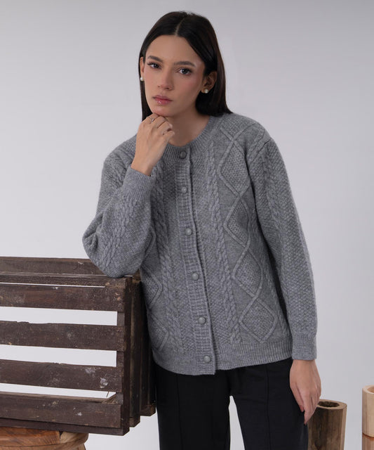 Classic Grey Cable-Knit Button Cardigan