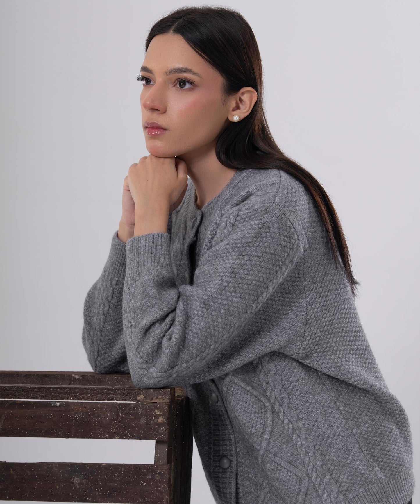 Classic Grey Cable-Knit Button Cardigan