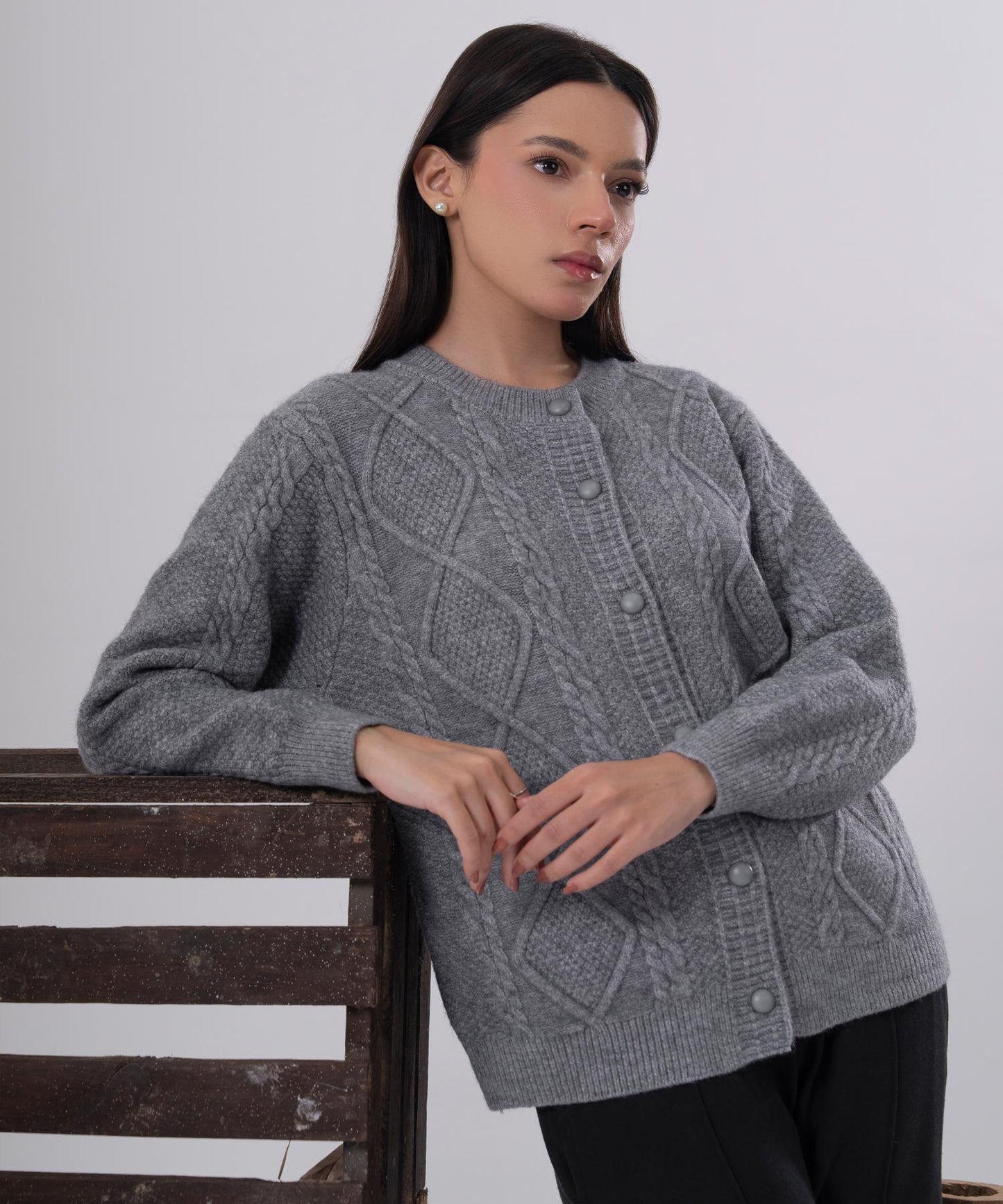 Classic Grey Cable-Knit Button Cardigan