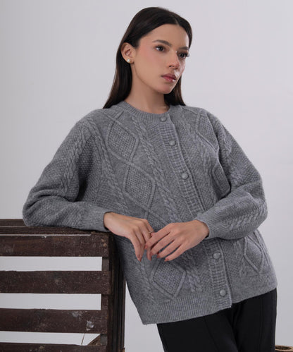Classic Grey Cable-Knit Button Cardigan