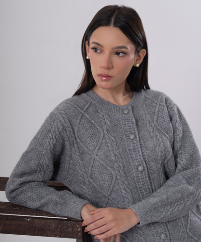 Classic Grey Cable-Knit Button Cardigan